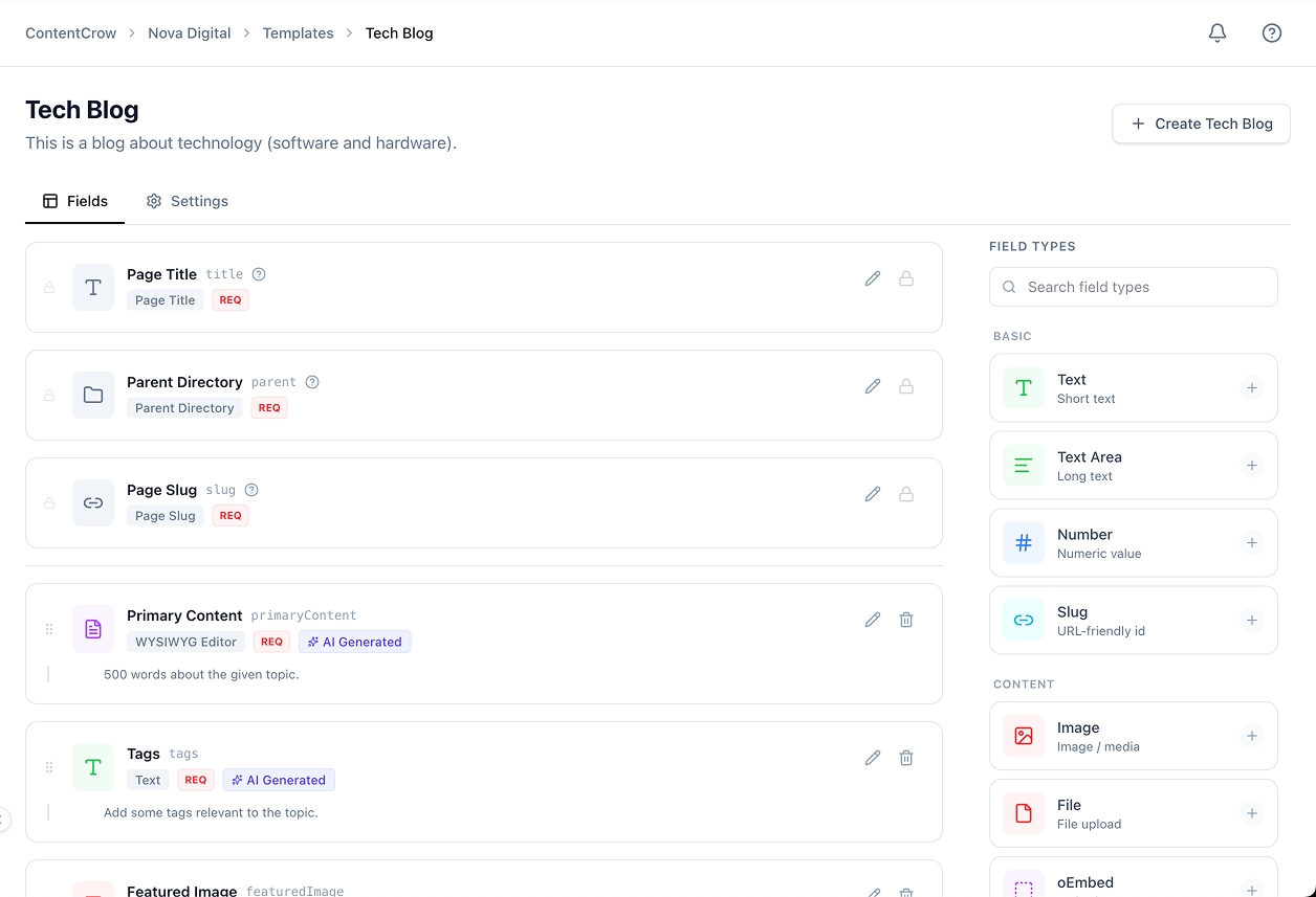 Template setup mapped to WordPress ACF fields